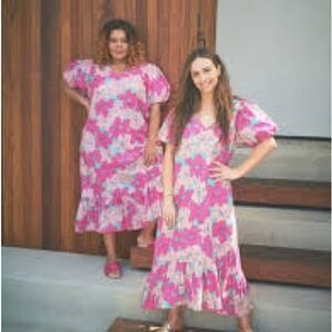 Oh Joy! The Odell Julia Linen Pink Floral Maxi Dress Puff Sleeve Anthro PLUS 2X
